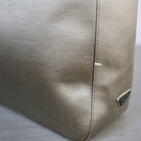 Vintage Late 1990s Prada Taupe Satin Handbag with Black Composite Handles - Picture 10 of 11
